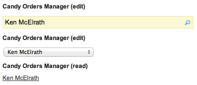 The reference field renderer's edit function can allow the user to edit field values in multiple ways: this field renderer can display an editable field containing a magnifying glass to indicate that it is indeed a reference field, and it can also create a dropdown box populated with values from the referenced object. Using the read function will display the selected value as a link—allowing users to click through to the referenced object.