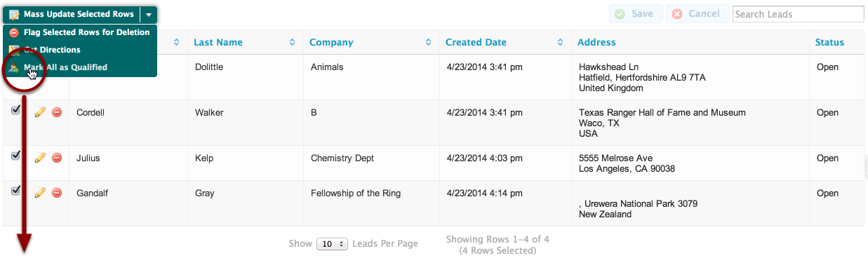 Updating the status for multiple rows can be accomplished using this one custom mass action.