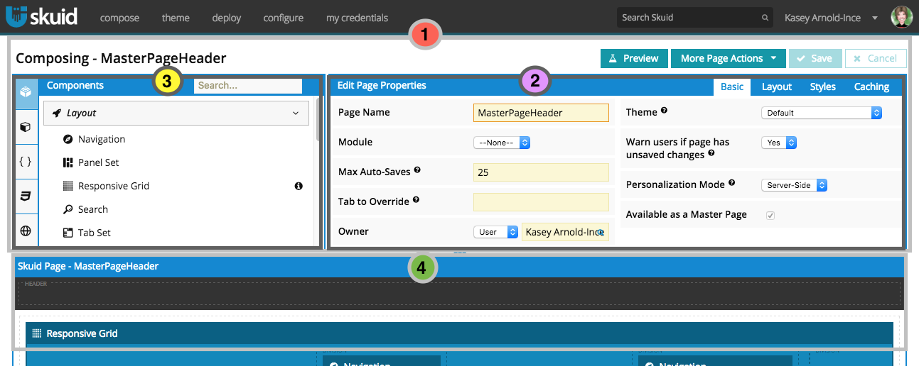 The App Composer as a whole is made up of these four separate pieces. The App Composer Palette encompasses both the Properties Pane and the App Elements pane, while the canvas resides at the bottom of the page.