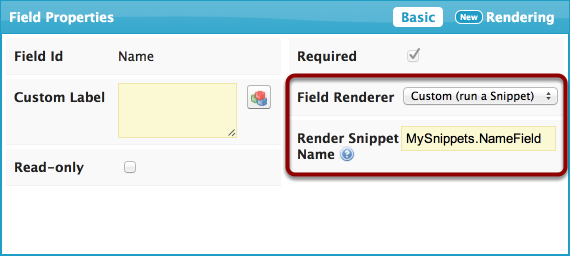 Selecting "Custom (run a snippet)" for a field's field renderer will allow you to specify a snippet to run when displaying the field.