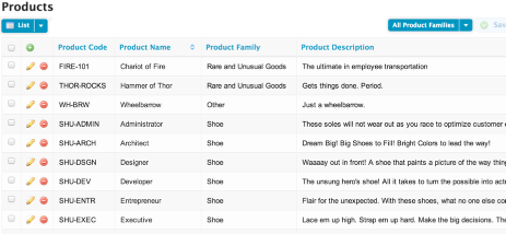 This view will display all selected field columns, along with any number of loaded rows. In this example, our data set will be a list of products. Each product will have values in a Product Code, Product Name, Product Family, and Product Description column. Most of the products we will be working with are in the "shoe" product family.