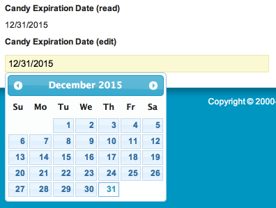 The date field renderer simply displays a date when using the read function. Using the edit function will allow the user to edit the value by typing the date within the field or by selecting a date on a small calendar that appears below the field.