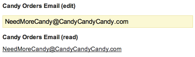 The email renderer's edit function will display a typical, editable field that allows users to enter formatted email addresses. The read function will display the email address value as a clickable link.