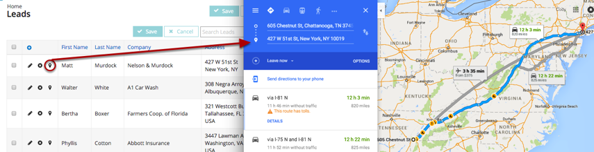 A new browser tab or window will open and display a set of directions. Your current user's address is used for the starting address, and the row's address field is used for the destination address.