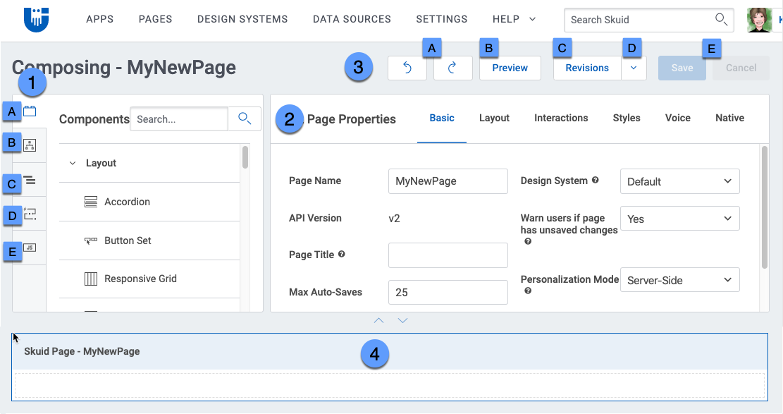 The Composer as a whole is made up of these four separate pieces. The Properties pane, Elements pane, and global page actions all reside at the top of the screen, while the canvas resides at the bottom of the page.