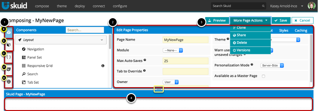 The Composer as a whole is made up of these four separate pieces. The Properties pane, Elements pane, and global page actions all reside at the top of the screen, while the canvas resides at the bottom of the page.