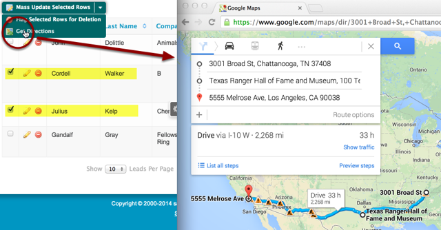 Each selected row's address will be added as a stop inside one set of directions, and a new browser window or tab will open to display those directions.