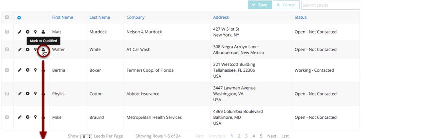 Updating the status for a single row can be accomplished using this one row actions.