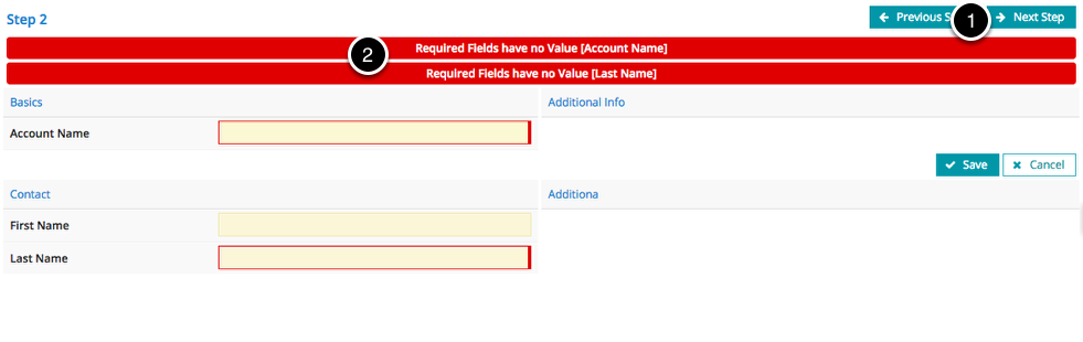 With your completed snippet in place, your validation error messages will display above the field editor, and the user cannot proceed to the next step if there are errors.